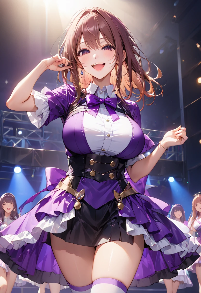 Highest quality、Complete limbs、Full Finger、Slender beauty、Straight Hair、Brown Hair、Deresute、green, White and purple idol costume、Knee-high socks、Beautiful big breasts、Live Stage、sing、Dancing、Big smile