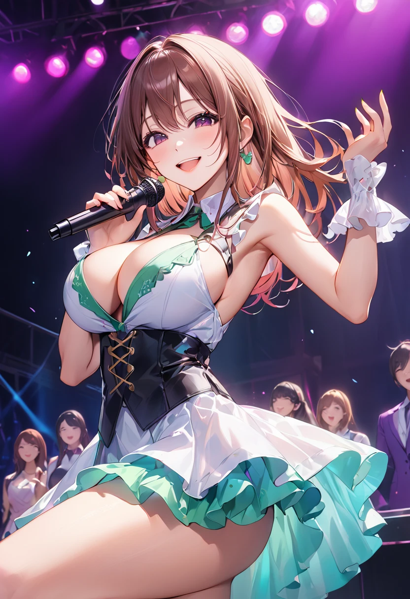 Highest quality、Complete limbs、Full Finger、Slender beauty、Straight Hair、Brown Hair、Deresute、green, White and purple idol costume、Knee-high socks、Beautiful big breasts、Live Stage、sing、Dancing、Big smile