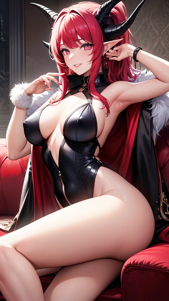 (masterpiece, top quality, best quality, official art, beautiful and aesthetic:1.2), (1girl:1.3), extremely detailed,(fractal art:1.2),colorful, highest detailed, parted lips,wallpaper, red hair, ponytail, (detailed eyes, pink eyes), horn, horns forward bangs, bangs, fur trimmed coat,coat, armpits, medium breast, horn towadrs the fronts, horn towards the bangs, erotic pose, sitting, sitting crossed legs, sofa, challenging smile, elf ears