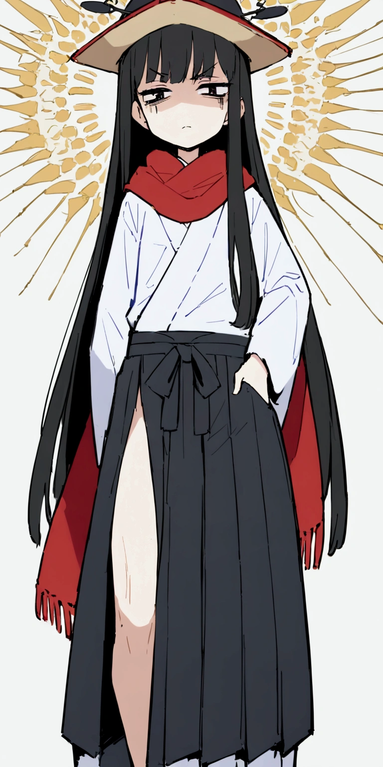 Anime Girls、Six Pack Abs、Black Hair、bugs under eyes、Semi-long hair、Troubled face、detailed、Highest quality、masterpiece、hat、scarf、kimono、skinny body、Hakama