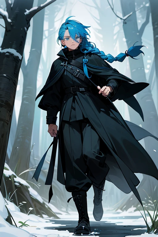 a young man walking through the forest, he has soft blue hair, with a braid just a braid that stays in front of your face, the braid is slightly covering his left eye, He is walking through the forest wearing completely black clothes, black greatcoat, black boots and black pants
