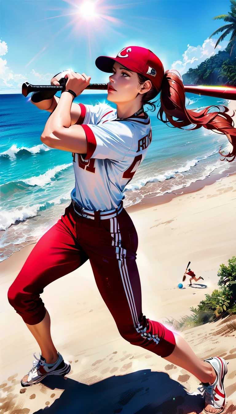 anime, realistic, female baseball player playing baseball on the beach wearing a bikini, sun, fun, beach, dynamic pose, action, summer, dynamic, beautiful detailed eyes, beautiful detailed lips, extremely detailed face and skin, detailed uniform, detailed baseball equipment, photorealistic, 8k, high quality, vibrant colors, natural lighting, cinematic composition