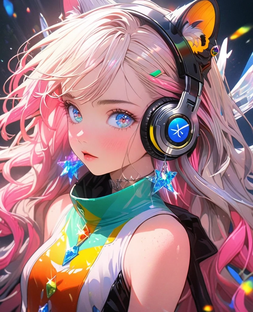 8K,gal,an extremely delicate and beautiful,Beautiful and realistic skin,Shiny jewel-like earrings,Long colorful hair,beautiful eyes,full body,future fashion, headphones,
