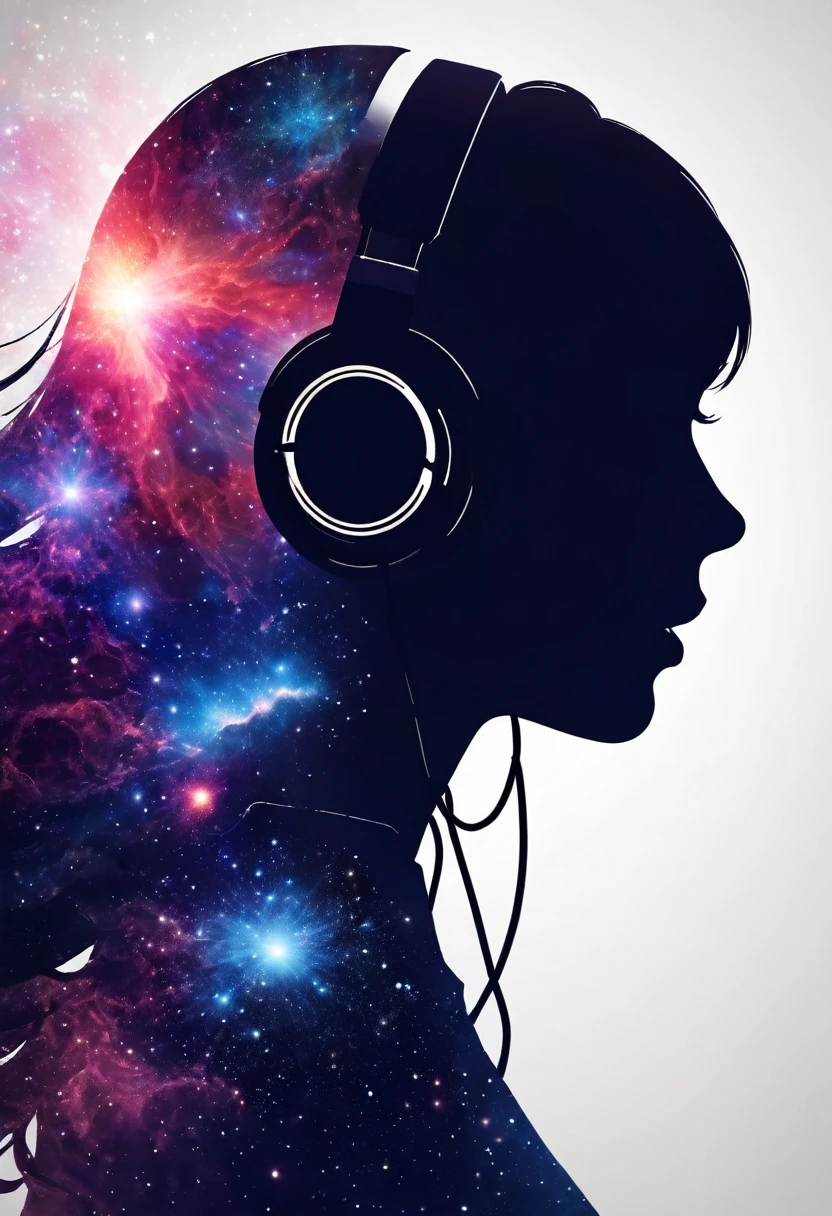 Profile of a woman silhouette.(Long Hair:1.3), Blunt bangs,  (Headphones:1.3), Inside the silhouette you can see the Double exposure with a universe, Deep Universe, Supernova explosion, masterpiece, ((Double exposure)), Proportional.,Double exposure


