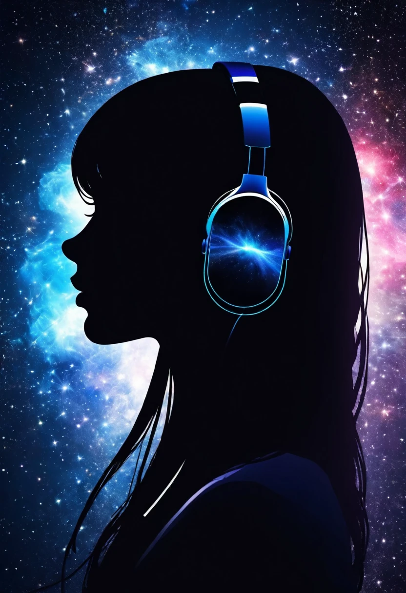Profile of a woman silhouette.(Long Hair:1.3), Blunt bangs, (Headphones:1.3), Inside the silhouette you can see the Double exposure with a universe, Deep Universe, Supernova explosion, masterpiece, ((Double exposure)), Proportional.,Double exposure