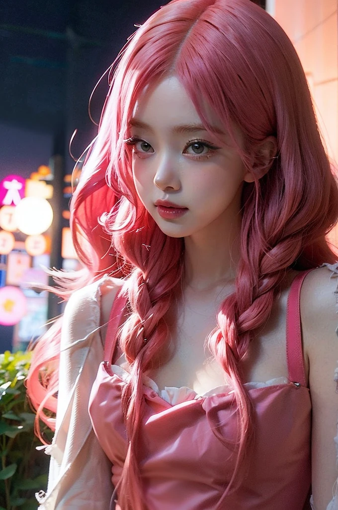
araffe girl with pink hair  belle delphine, red wig, anime girl cosplay, anime barbie doll, anime girl in real life, fairycore, beautiful anime style, curly pink hair, long flowing pink hair, pink and red color style, kawaii hair style, anime cosplay, beautiful pink little alien girl, with curly red hair Green eyes  Dressed up for Halloween Scary clothes