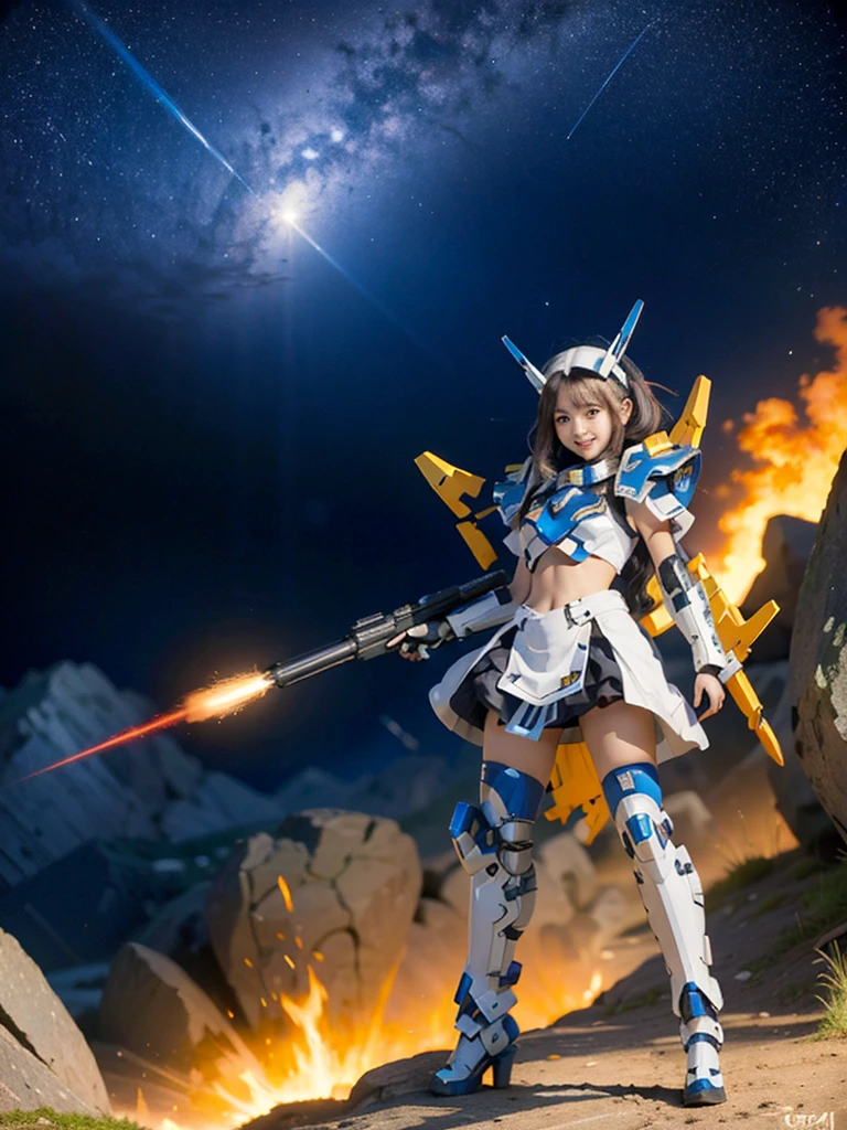 ​masterpiece,top-quality,Ultra-detail,very detailed illustration,ighly detailed,intricate-detail,hight resolution,super complex details,Highly detailed 8k CG wallpapers, mecha musume, machine components, Robot Joint, head gear, 1girl in,solo, mecha musume, red blush,is standing,cowboy  shot, starryskybackground, Background with, Shining black metallic armor、Symmetrical Full Armor、Symmetrical mechanical wing、Funnel mounting、highleg, A smile,Being in the air、are flying、Holding a beam rifle and firing in flight、Sniping with a beam rifle in flight、