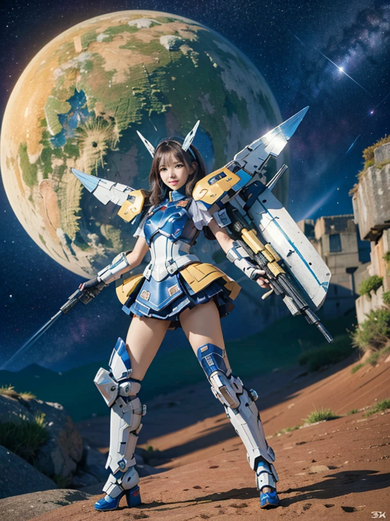 masterpiece,top-quality,Ultra-detail,very detailed illustration,ighly detailed,intricate-detail,hight resolution,super complex details,Highly detailed 8k CG wallpapers, mecha musume, machine components, Robot Joint, head gear, 1girl in,solo, mecha musume, red blush,is standing,cowboy shot, starryskybackground, Background with, Shining black metallic armor、Symmetrical Full Armor、Symmetrical mechanical wing、Funnel mounting、highleg, A smile,Being in the air、are flying、Holding a beam rifle and firing in flight、Sniping with a beam rifle in flight、