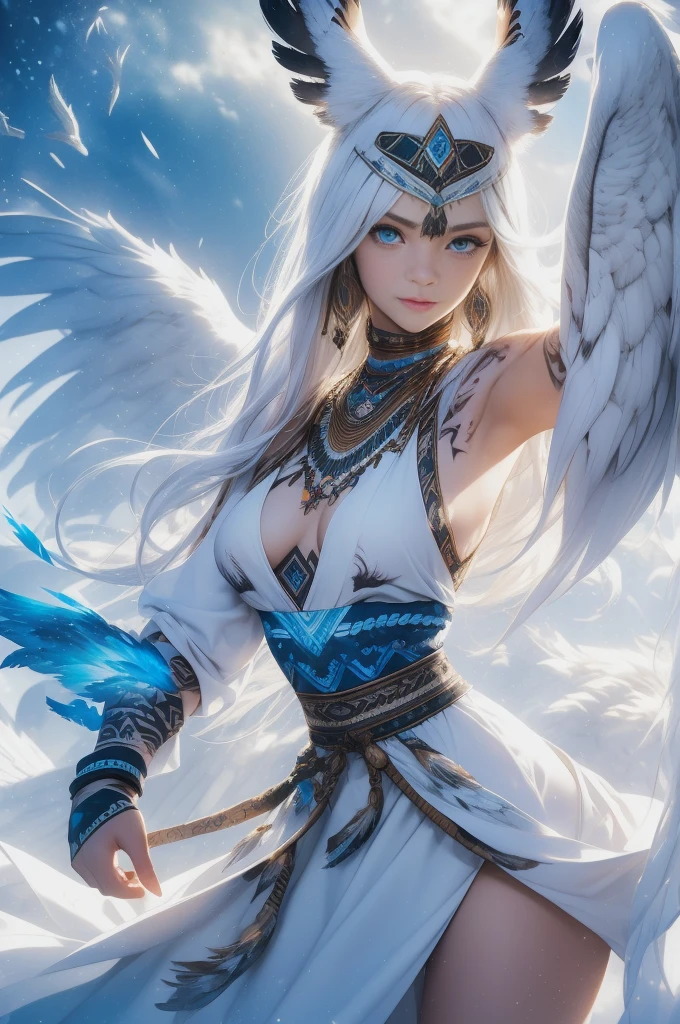 masterpiece, Cowboy shot, (1woman), (white fox), (tribal dress:1.2), (beautiful blue eyes), ((tribal (Eagle) tattoo)), white and blue colors, foggy background, dynamic pose, (looking at viewer), (front view), (from sky), (bokeh:1.2)