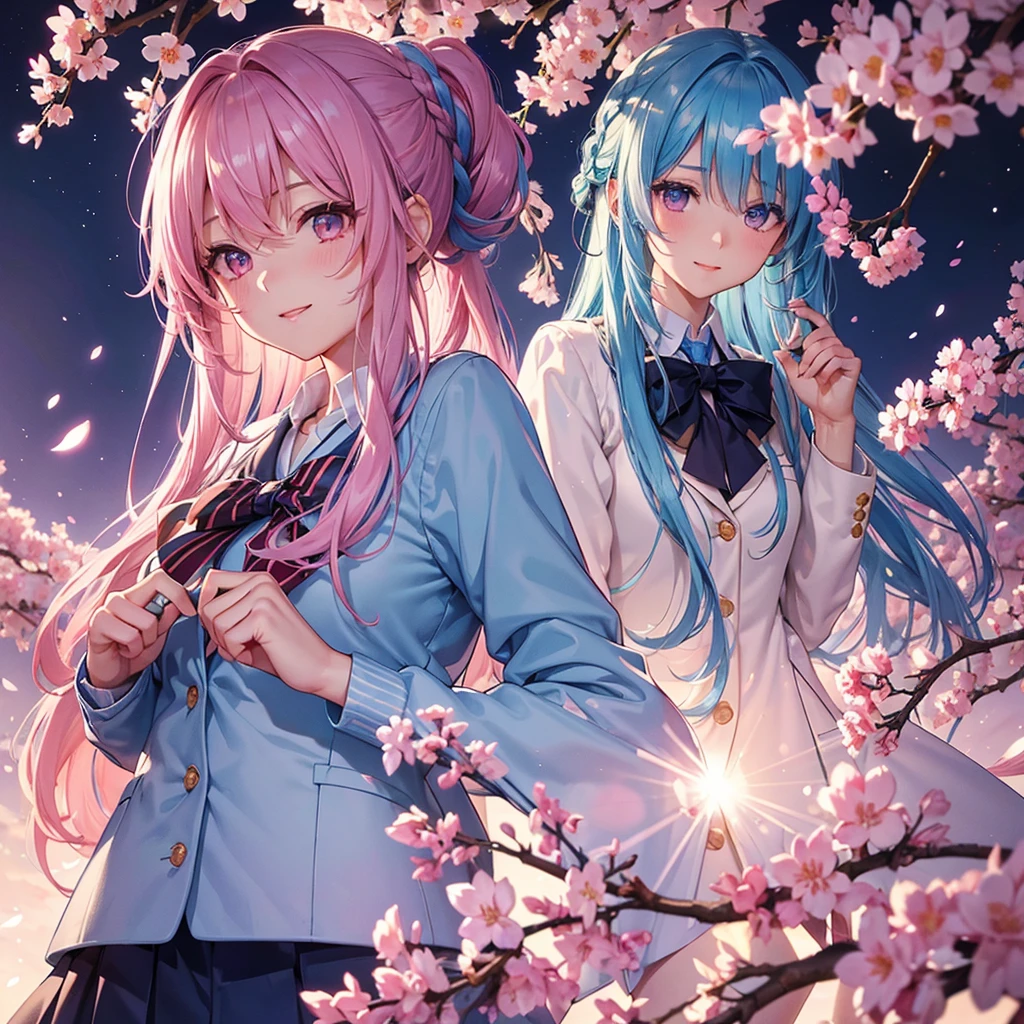 (Sky blue medium hair),(Braided hair tied together)、Pink eyes、Fair skin、(whole body)、(One Girl)、(School uniform blazer)、Cherry Blossoms at Night、A big smile、、(masterpiece、Highest quality、Very detailed、Best Shadow)、(Detailed Background)、(Beautifully detailed face)、High contrast、(Best lighting、Very delicate and beautiful)、((Cinematic Light))、colorful、Hyper Detail、Dramatic Light、Exquisite detail、