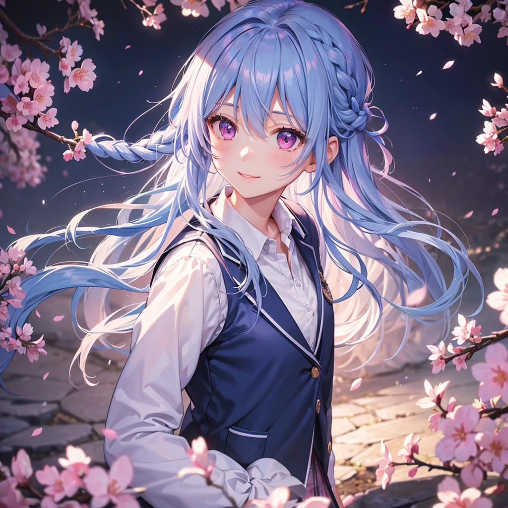(Sky blue medium hair),(Braided hair tied together)、Pink eyes、Fair skin、(whole body)、(One Girl)、(School uniform blazer)、Cherry Blossoms at Night、A big smile、、(masterpiece、Highest quality、Very detailed、Best Shadow)、(Detailed Background)、(Beautifully detailed face)、High contrast、(Best lighting、Very delicate and beautiful)、((Cinematic Light))、colorful、Hyper Detail、Dramatic Light、Exquisite detail、