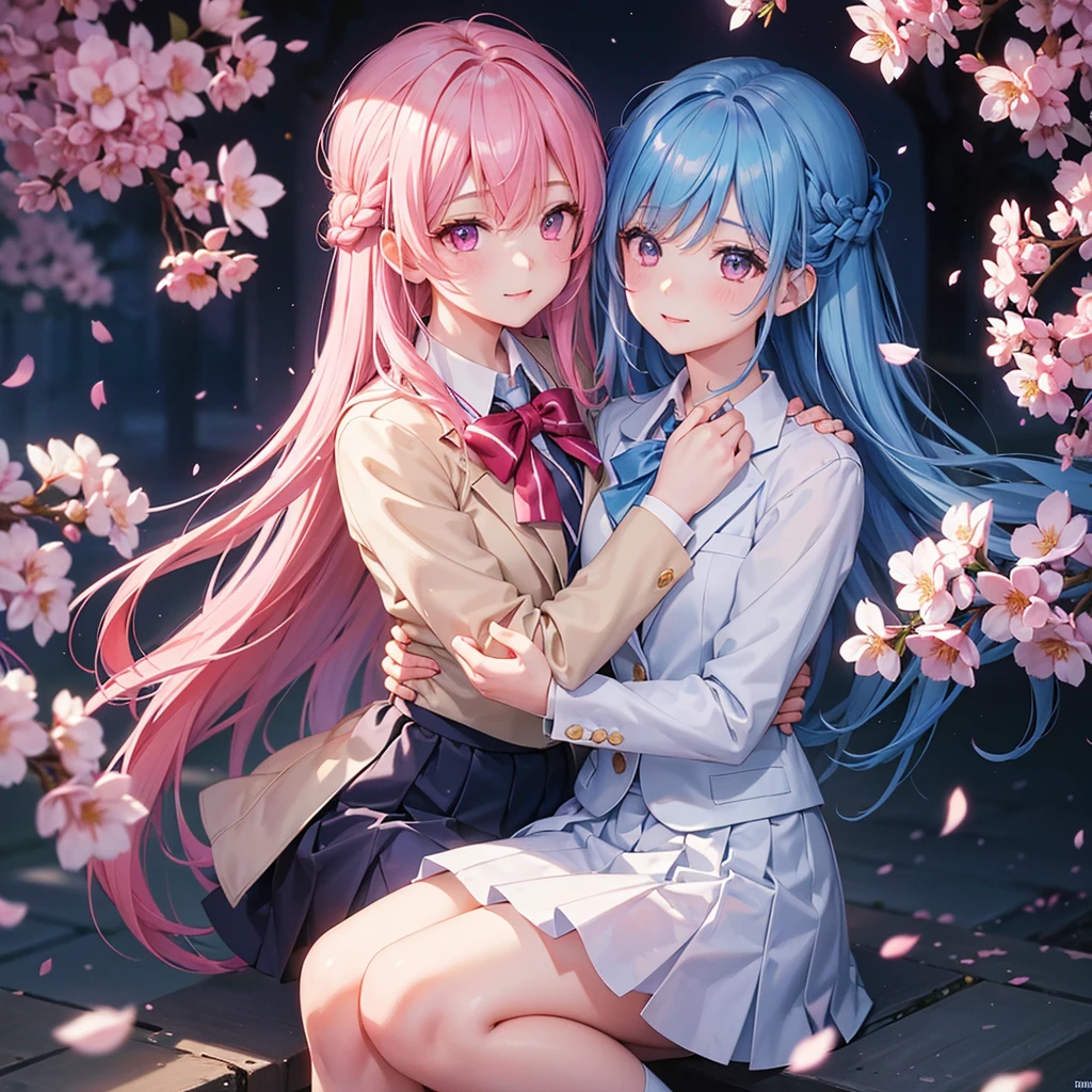 (Sky blue medium hair),(Braided hair tied together)、Pink eyes、Fair skin、(whole body)、(One Girl)、(School uniform blazer)、Cherry Blossoms at Night、A big smile、、(masterpiece、Highest quality、Very detailed、Best Shadow)、(Detailed Background)、(Beautifully detailed face)、High contrast、(Best lighting、Very delicate and beautiful)、((Cinematic Light))、colorful、Hyper Detail、Dramatic Light、Exquisite detail、
