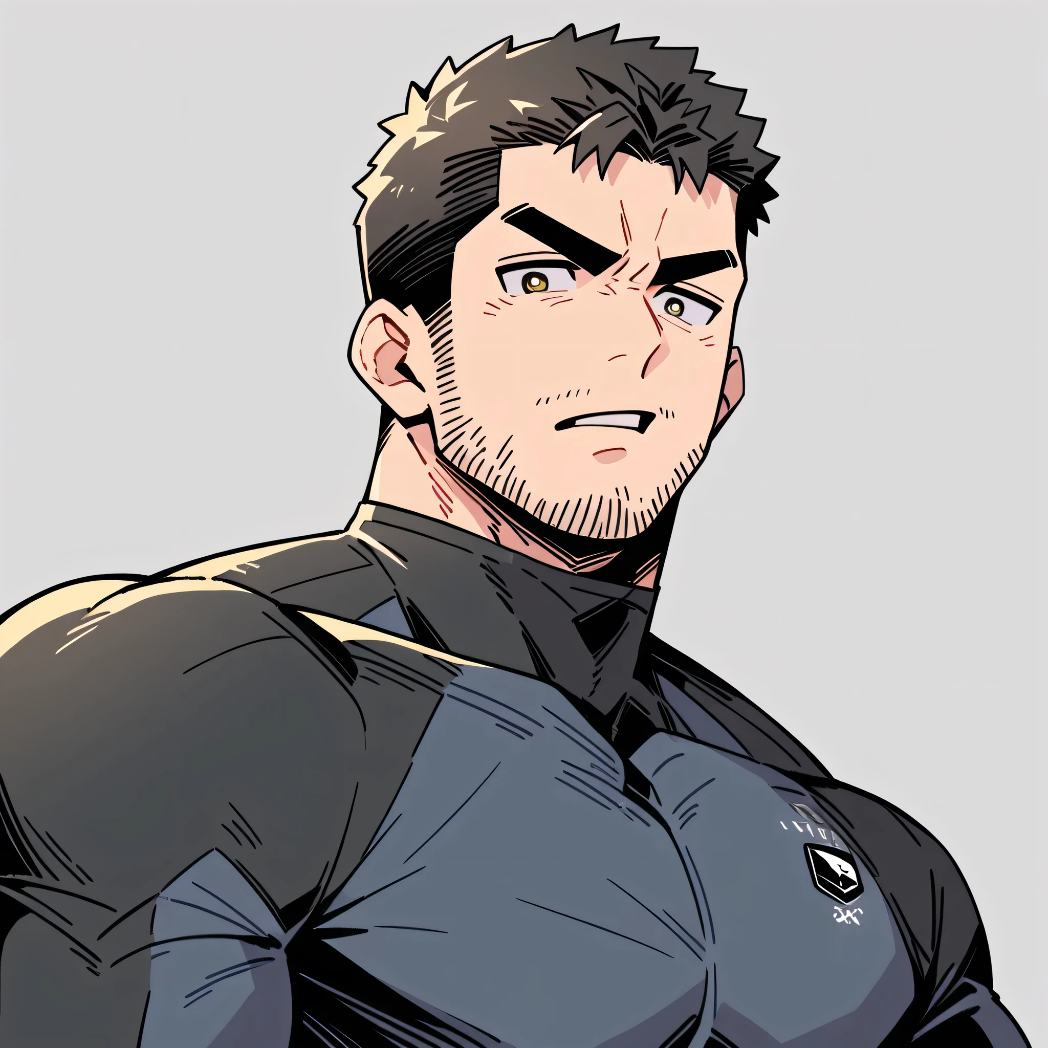 anime characters：Chris Redfield, Muscle Sports Student, Buzz Cut, Manliness, male focus, Dark black Yellow high collar long sleeve tight T-shirt, Very tight, full and perky chest muscles, muscular male, muscular, only, Upper body, alone, Black short hair, Thick eyebrows, stubble, Brown-red pupils, Grey background, simple background, amazing quality, best aesthetics, Ridiculous, parted lips, v-shaped eyebrows, scowl, disdain, best quality