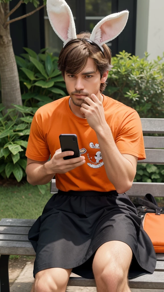 phone, 1boy, bench, whiskers, male_focus, furry, solo, cellphone, shirt, sitting, holding_phone, orange_shirt, animal_ears, buck_teeth, shoes, furry_male, artist_name, smartphone, rabbit_ears, holding, tail, gloves, animal_nose, rabbit_boy, simple_background, looking_at_phone, signature, on_bench, watermark, skirt, black_eyes he is cartoon bunny