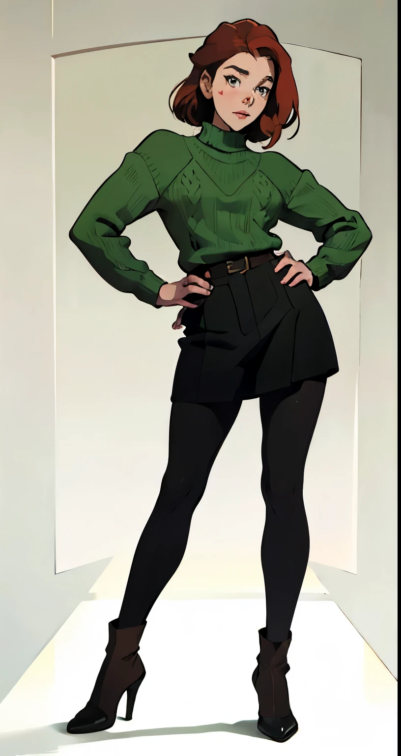 masterpiece, best quality, full body,1girl,the highest image quality, 30-year-old mature woman, looks like Emilia Clarke with brown skin, red hair, short brown hair, light brown eyes, large green sweater and black leggings, White background, empty background whole body , standing normally, happy expression
