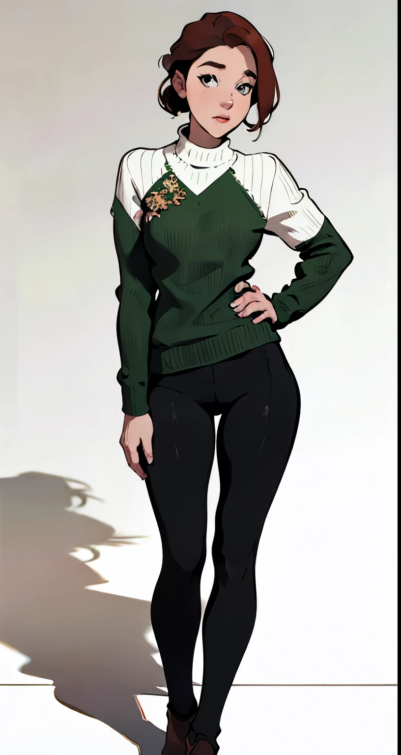 masterpiece, best quality, full body,1girl,the highest image quality, 30-year-old mature woman, looks like Emilia Clarke with brown skin, red hair, short brown hair, light brown eyes, large green sweater and black leggings, White background, empty background whole body , standing normally, happy expression