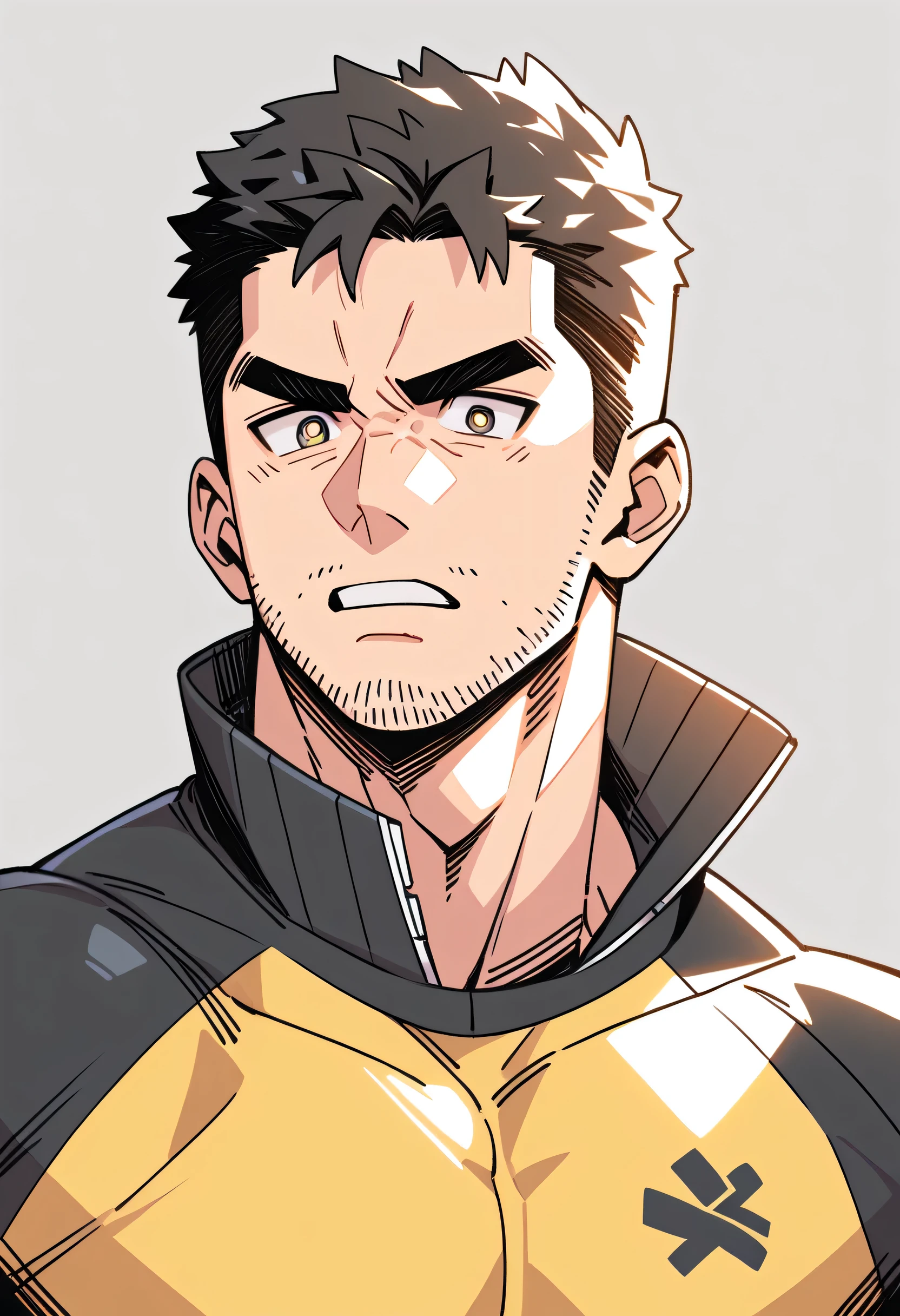 anime characters:Chris Redfield, Muscle Sports Student, Buzz Cut, Manliness, male focus, Dark black Yellow high collar long sleeve tight T-shirt, Very tight, full and perky chest muscles, muscular male, muscular, only, Upper body, alone, Black short hair, Thick eyebrows, stubble, Brown-red pupils, Grey background, simple background, amazing quality, best aesthetics, Ridiculous, parted lips, v-shaped eyebrows, scowl, disdain, best quality
