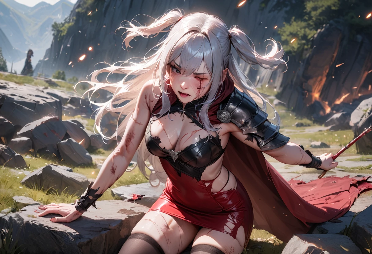 (best quality), (masterpiece), very aesthetic, absurdres, high res, all detailed, realistic, 1girl, (two side up), long hair, silver hair, (red pencil Dress, one side shoulders armor with Cape, pencil miniskirt), medium cleavage, [black thigh-highs], [white panties], (injury skin, scar skin, bleeding skin, torn clothes:1.1), Broken Armor, NSFW, lying, on side, arched back, (one eye closed, cry, tears), sigh, blush, sweat, (outdoors, hill), sparks, shockwave, stone Debris, cinematic lighting, diffraction spikes, cowboy shot, three quarter view