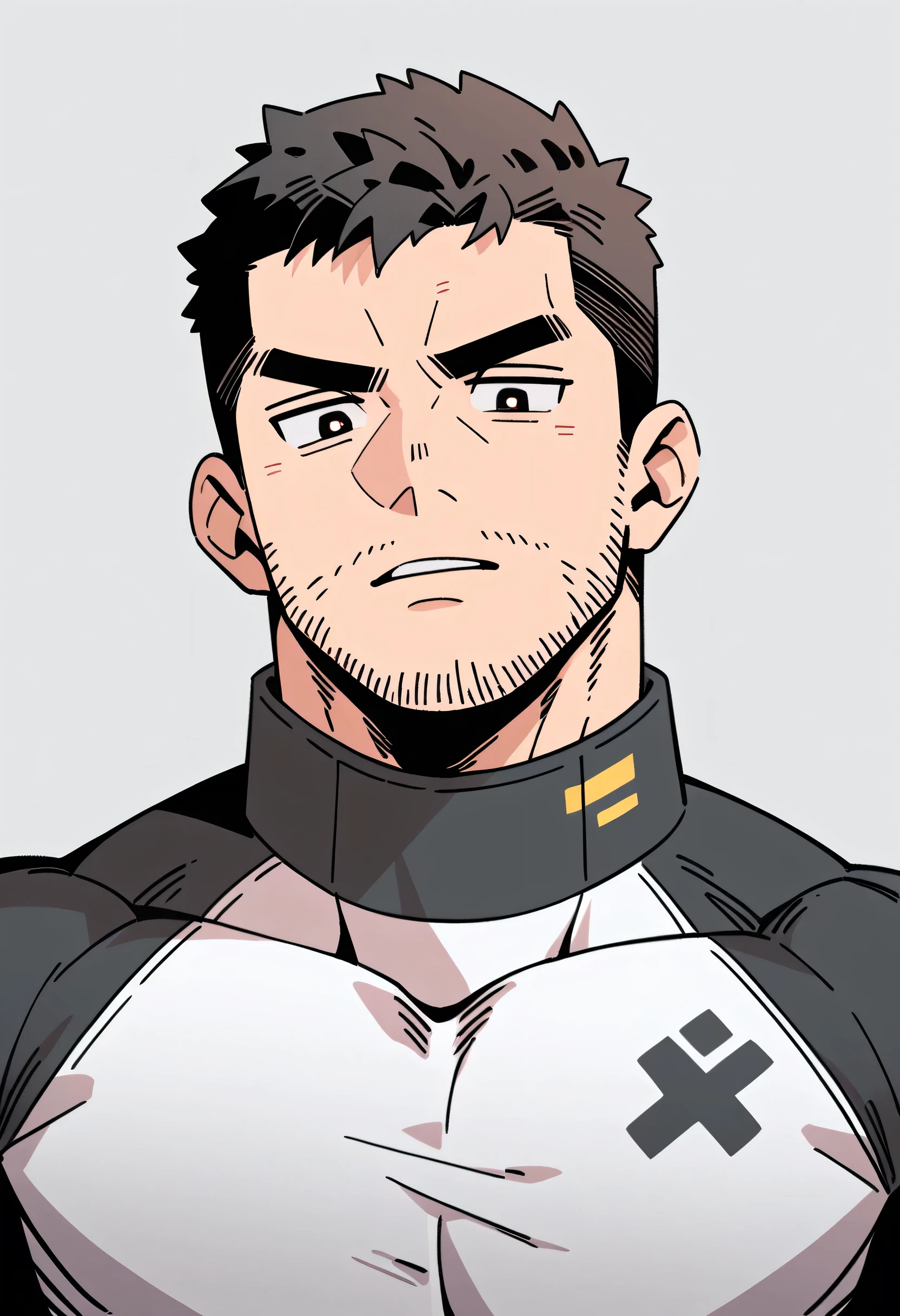 anime characters:Chris Redfield, Muscle Sports Student, Buzz Cut, Manliness, male focus, Dark black Yellow high collar long sleeve tight T-shirt, Very tight, full and perky chest muscles, muscular male, muscular, only, Upper body, alone, Black short hair, Thick eyebrows, stubble, Brown-red pupils, Grey background, simple background, amazing quality, best aesthetics, Ridiculous, parted lips, v-shaped eyebrows, jitome, best quality