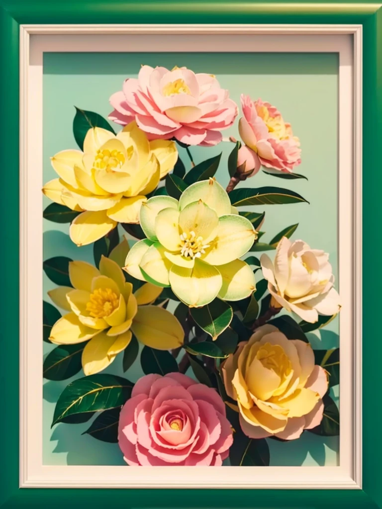 picture of frame and in the frame of photo 'camelia flower', ((two background colour with pastel colour 'green and yellow')), hyper realistic, realistic photography, amazing details, high resolution