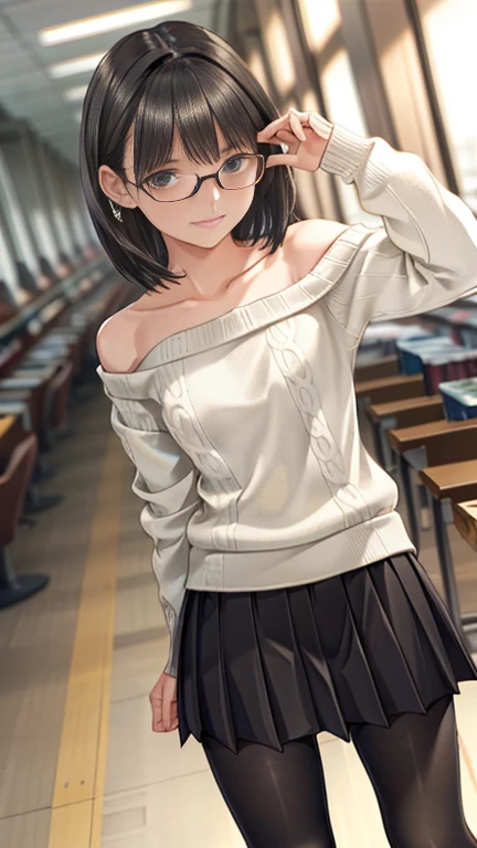 (Shot from above), Put your arms down, ((Shoulder-length straight bob hair:1.3)), (Black Hair:1.2),(Tearful face:1.2), (Adult female:1.4), 8K, Tabletop, RAW Photos, Highest quality, Realistic, Very detailed, ((Very detailed肌)), (Leg Focus Shot:1.5), 20-year-old, (Medium chest:1.2),(Black mini skirt, Black realistic pantyhose,White knit sweater:1.4), (Standing in front of a desk in the library:1.2), Rimless Glasses