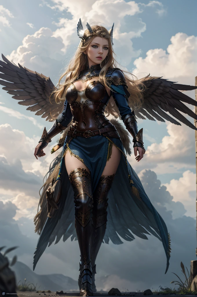 masterpiece, highly detailed, hyperrealistic fullbody shot of beautiful Katherine Winnick as a beautiful valkyrie angel, large angel wings, winged helmet, winged headgear
