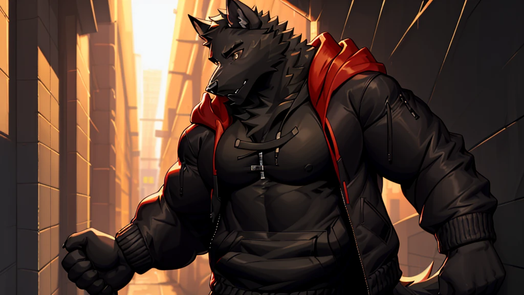 Black Wolf , alone, looking at the audience, shirt, 1 boy, jacket, male focus, open clothes, hood, black shirt, hoodie, muscular, chest muscles, muscular male, only, hooded jacket, sharp nails, normal school corridor as a background, day, sunny, black fur