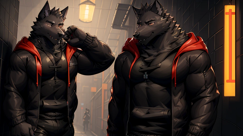 Black Wolf , alone, looking at the audience, shirt, 1 boy, jacket, male focus, open clothes, hood, black shirt, hoodie, muscular, chest muscles, muscular male, only, hooded jacket, sharp nails, normal school corridor as a background, day, sunny, black fur