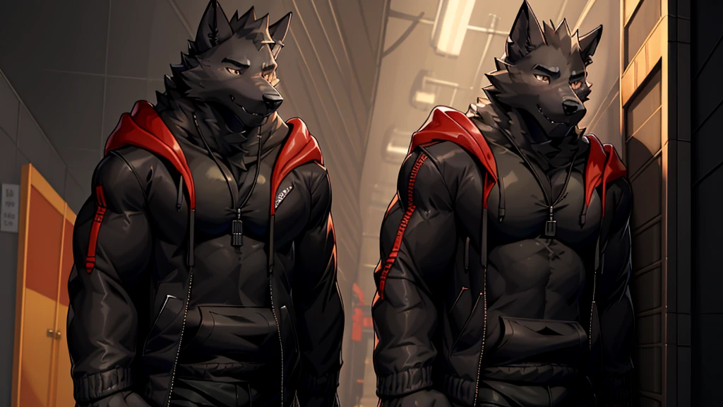 Black Wolf , alone, looking at the audience, shirt, 1 boy, jacket, male focus, open clothes, hood, black shirt, hoodie, muscular, chest muscles, muscular male, only, hooded jacket, sharp nails, normal school corridor as a background, day, sunny, black fur