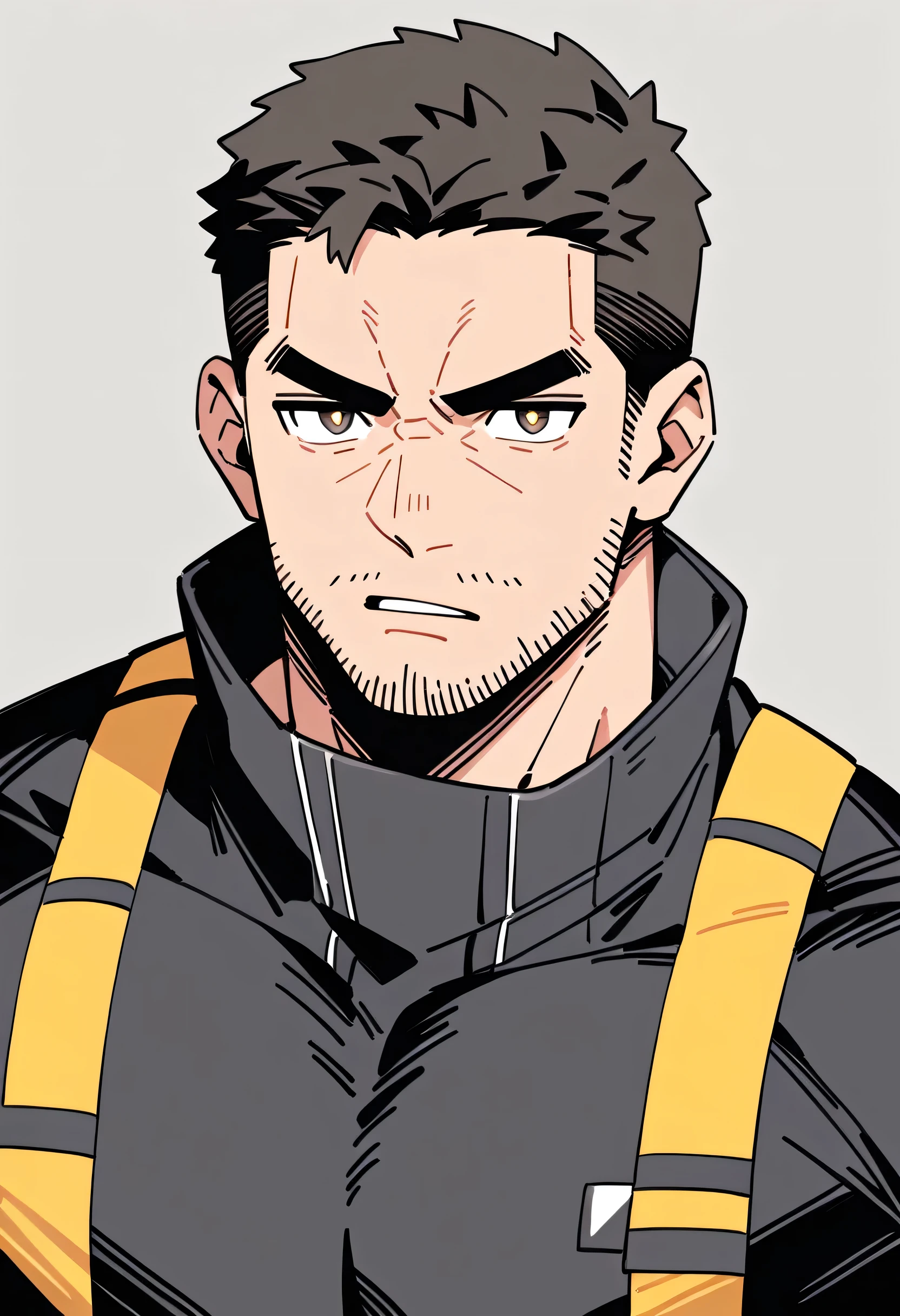 anime characters：Chris Redfield, Muscle Sports Student, Buzz Cut, Manliness, male focus, Dark black Yellow high collar long sleeve tight T-shirt, Very tight, full and perky chest muscles, muscular male, muscular, only, Upper body, alone, Black short hair, Thick eyebrows, stubble, Brown-red pupils, Grey background, simple background, amazing quality, best aesthetics, Ridiculous, parted lips, v-shaped eyebrows, scowl, disdain, best quality