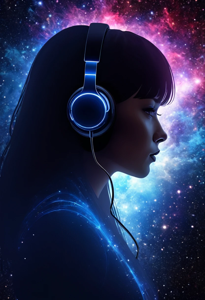 Profile of a woman silhouette.(Long Hair:1.3), Blunt bangs,  (Headphones:1.3), Inside the silhouette you can see the Double exposure with a universe, Deep Universe, Supernova explosion, masterpiece, ((Double exposure)), Proportional.,Double exposure

