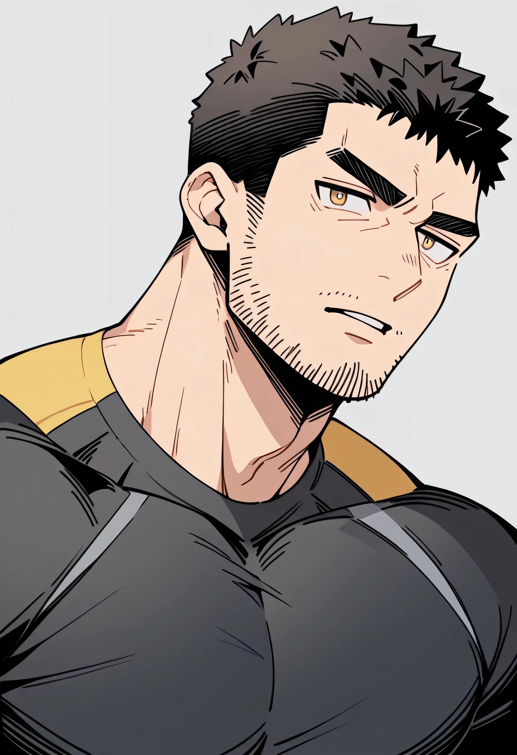 anime characters：Chris Redfield, Muscle Sports Student, Buzz Cut, Manliness, male focus, Dark black Yellow high collar long sleeve tight T-shirt, Very tight, full and perky chest muscles, muscular male, muscular, only, Upper body, alone, Black short hair, Thick eyebrows, stubble, Brown-red pupils, Grey background, simple background, amazing quality, best aesthetics, Ridiculous, parted lips, v-shaped eyebrows, jitome, best quality