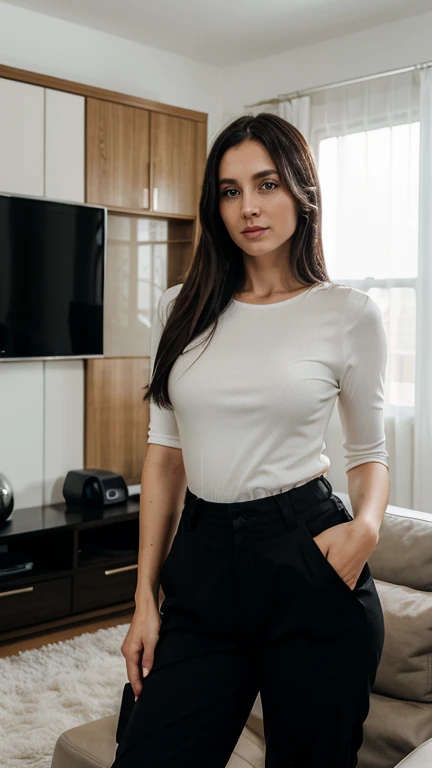 woman,((30 years old)), black shirt, beautiful face, white skin, soft smile, full body, long pants, living room