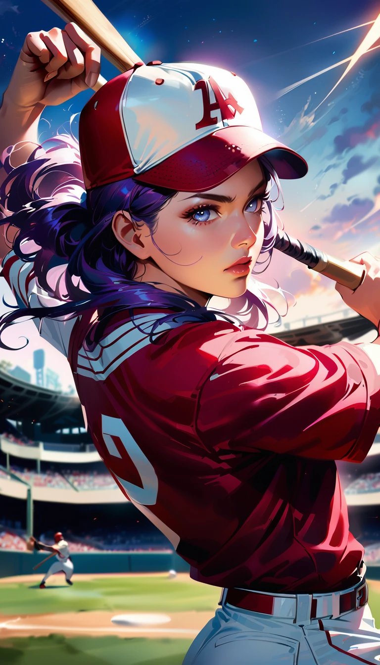 full body shot, a female baseball player hitting a home run, detailed realistic portrait, ultra-detailed, hyper realistic, photorealistic, 8k, extremely detailed, detailed eyes, detailed facial features, beautiful detailed face, athletic body, baseball uniform, batting in baseball field, action pose, dynamic motion, dramatic lighting, vibrant colors