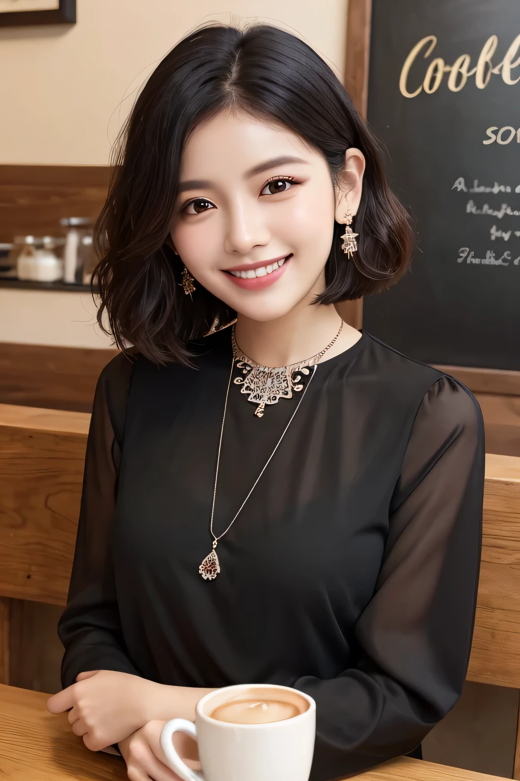 Black Hair、Clear beauty、Short Haircut、Wavy Hair、Long sleeve blouse、Ear piercing、Necklace around the neck、smile、Beautiful teeth alignment、Intricate details, Very detailed:1.2), 、 Looking into the camera、The background is a coffee shop

