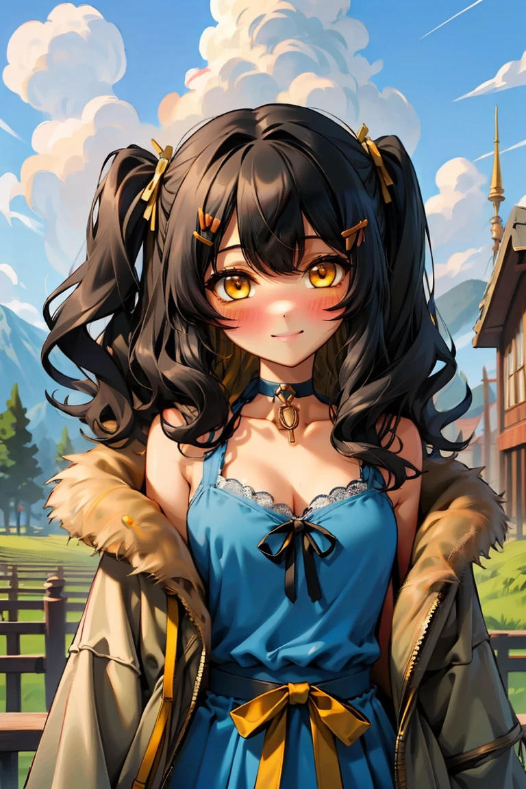 (masterpiece:1.2), (high quality:1.2), hui xiyi, rekkyo sensen, rekkyou sensen, girls with((1girl, solo, black hair, yellow eyes, (wavy long hair, one side up, hairclips:1.3), bare shoulder, blush, breasts, choker, cleavage, coat, cowboy shot, blue lace dress, camisole, ribbon waist belt, black ribbon belt, collar, collarbone, rosary, rosary choker, cross, fur, fur trim, parka, khaki hoodie, green hoodie, khaki jacket, hood down, hooded coat, hooded jacket, hoodie, jacket, large breasts, long sleeves, medium breasts, open clothes, open coat,open hoodie, sleeveless, winter clothes, zipper, cleavage, upper body, hand up, waving, palm)), background with((architecture, blue sky, bush, castle, village, no humans, cloud, cloudy sky, day, field, garden, grass, hill, house, lamppost, landscape, mountain, mountainous horizon, nature, no humans, outdoors, scenery, shrine, sky))