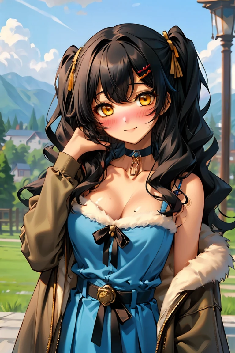 (masterpiece:1.2), (high quality:1.2), hui xiyi, rekkyo sensen, rekkyou sensen, girls with((1girl, solo, black hair, yellow eyes, (wavy long hair, one side up, hairclips:1.3), bare shoulder, blush, breasts, choker, cleavage, coat, cowboy shot, blue lace dress, camisole, ribbon waist belt, black ribbon belt, collar, collarbone, rosary, rosary choker, cross, fur, fur trim, parka, khaki hoodie, green hoodie, khaki jacket, hood down, hooded coat, hooded jacket, hoodie, jacket, large breasts, long sleeves, medium breasts, open clothes, open coat,open hoodie, sleeveless, winter clothes, zipper, cleavage, upper body, hand up, waving, palm)), background with((architecture, blue sky, bush, castle, village, no humans, cloud, cloudy sky, day, field, garden, grass, hill, house, lamppost, landscape, mountain, mountainous horizon, nature, no humans, outdoors, scenery, shrine, sky))