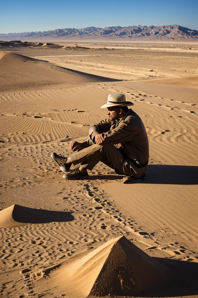 A few are rising in the desert. And in front of it a man is sitting in a tired state.
