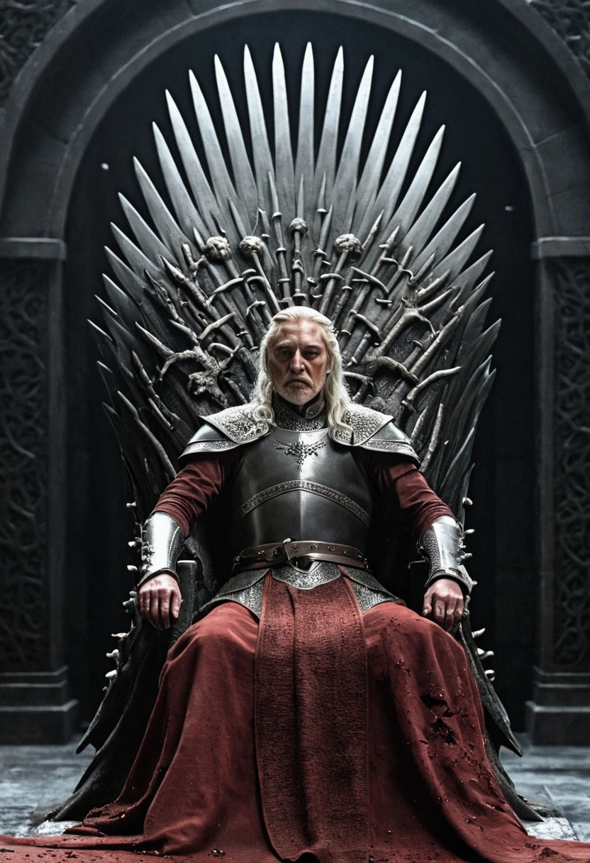 A dying king Maegor Targaryen, lots of bleeding cuts, lying on the Iron Thrones