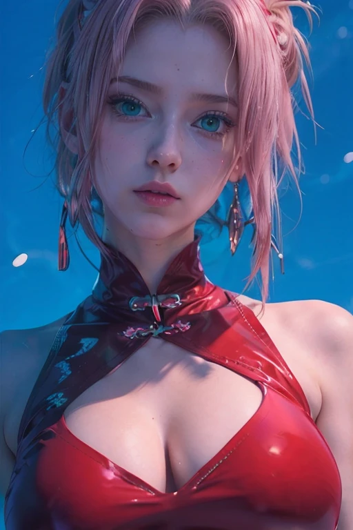 young woman, long pink hair, wide forehead, porcelain skin, pink eyebrows, big emerald green eyes, buttoned nose, thick lips, heart-shaped face, slender body, small breasts, pink leather dress, Sakura Haruno, realistic, realism black details 3d