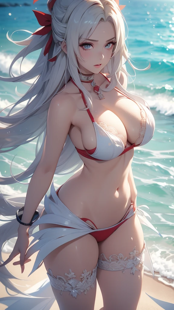 Tsunade de Naruto, nue (huge tits), cheveux blancs, Haut du corps, abdos, symmetrical round breasts, deserted beach, gros seins, gigantesque seins, 4K ultra UHD, mains parfaites, cing doigts, yeux parfaits, bikini dentelle rouge