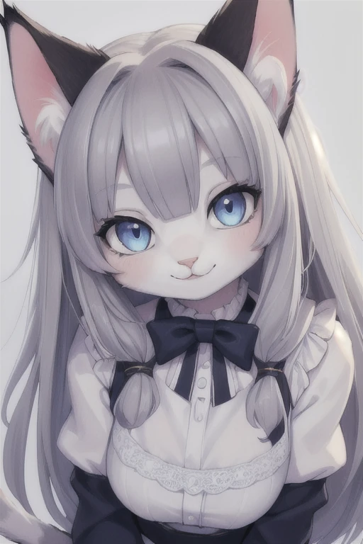 (high resolution), ((masterpiece)), ((best quality)), illustration, fur, cat, animal ears, tail, body hair, 1 girl, perspective, upper body , 1 girl, solo, long hair, gray hair, *//*, blue eyes, *//*, white blouse, looking at viewer, smiling,