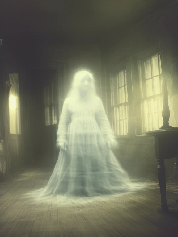 a young girl ghost is walking, in the old building