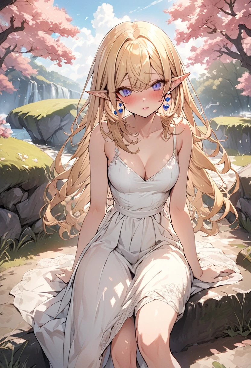 1 lady, Beautiful elf lady, blonde Long straight hair, upturn elf pointy ears, sexy figure, hot body, very beautiful face, detailed face, delicate eyes, detailed pupil, beautiful and delicate lips, blush, shy, heart, in love, white camisole long skirt, Simple and stylish, small crystal earrings, hand drawn animation, high detailed, outdoor, symmetrical clothes, best quality, masterpiece, retina,