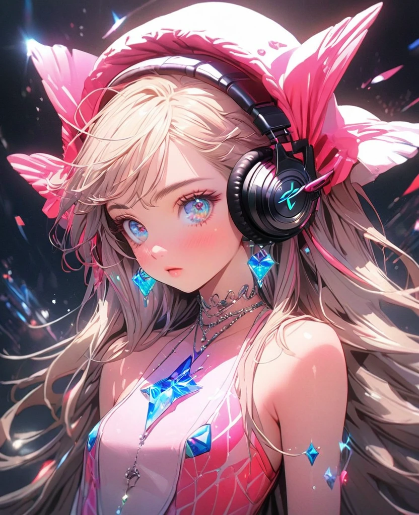 8K,gal，an extremely delicate and beautiful,Beautiful and realistic skin,Shiny jewel-like earrings,Long colorful hair,beautiful eyes,full body,future　fashion, headphones, 