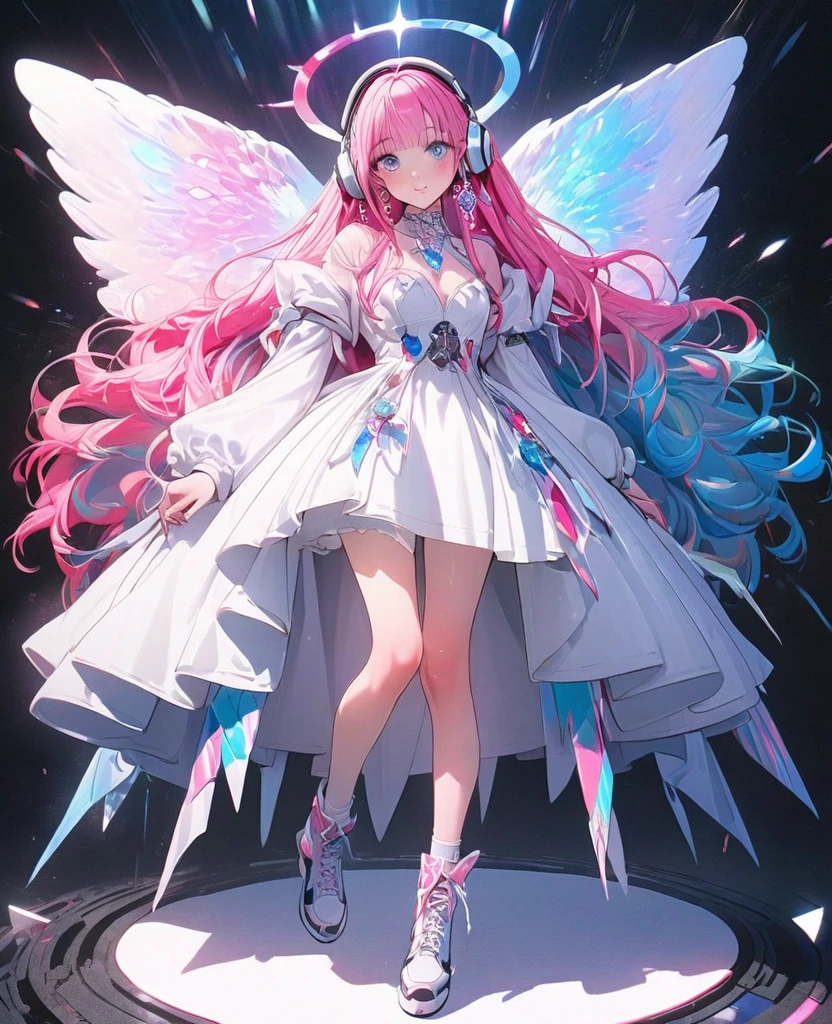 8K,gal,an extremely delicate and beautiful,Beautiful and realistic skin,Shiny jewel-like earrings,Long colorful hair,beautiful eyes,full body,future fashion, headphones,
