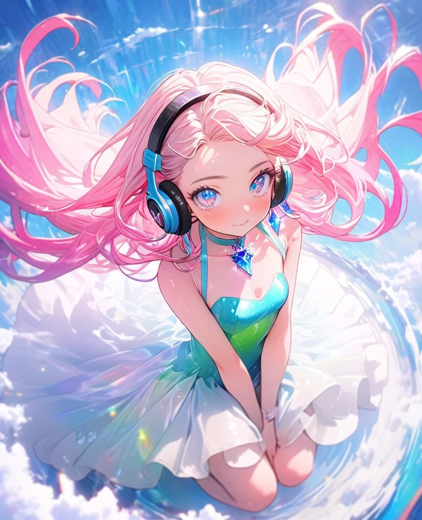 8K,gal,an extremely delicate and beautiful,Beautiful and realistic skin,Shiny jewel-like earrings,Long colorful hair,beautiful eyes,full body,future fashion, headphones,