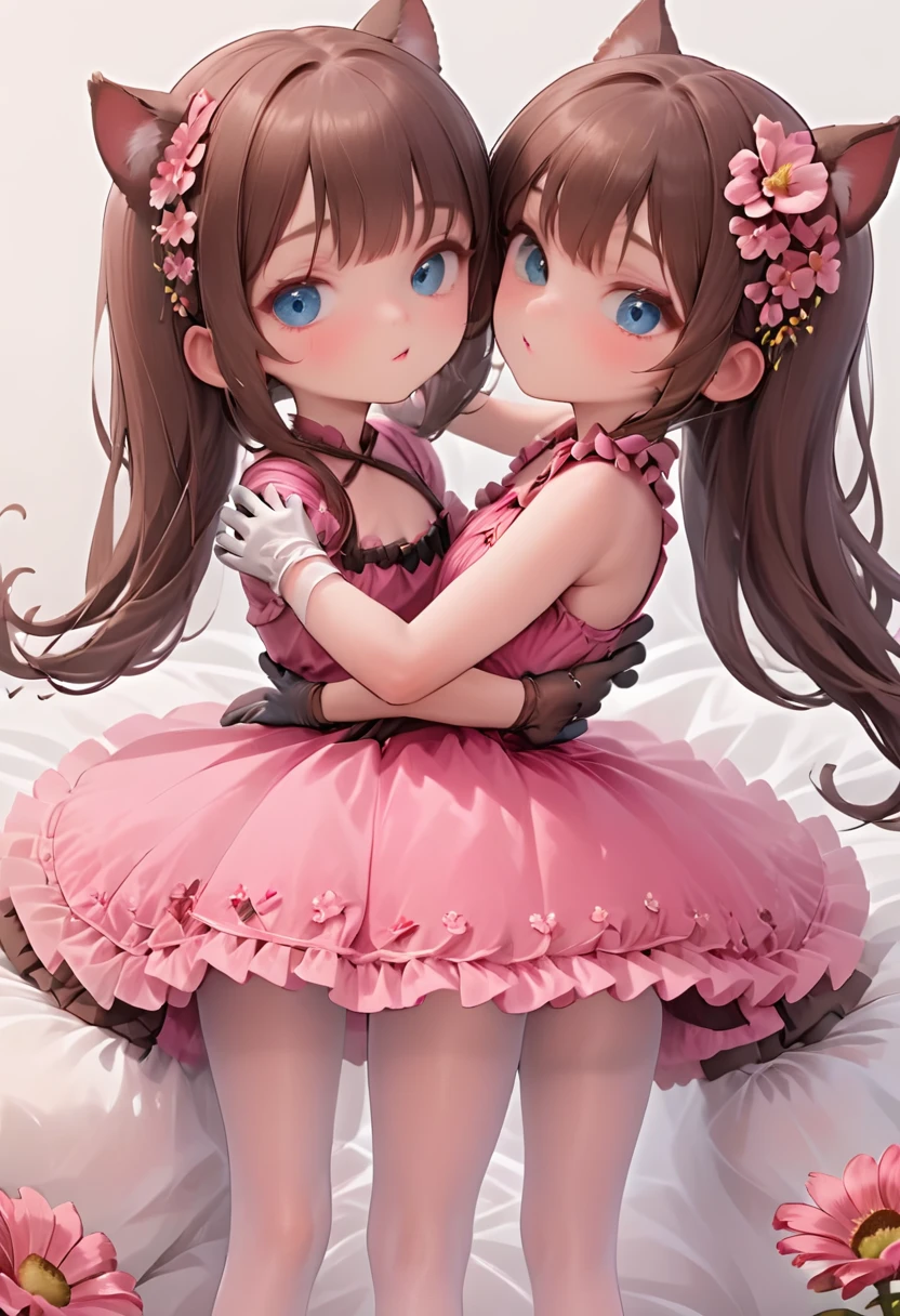 (Style-Princess) (1 man, 1 catgirl) (hetero, couple) (crossdressing, fully clothed) (brown hair, blue eyes) (portrait) (women's clothes only) (women's beautifully feminine skintight velvet floral print frilly girly pink adorable ballet leotards) (white opaque tights, no shoes) (tiaras, pink shoulder-length silk gloves:1.3) (woman's bedroom, four-poster bed) (lying down, hugging, bending knee) (intimacy, playfulness, closeness)