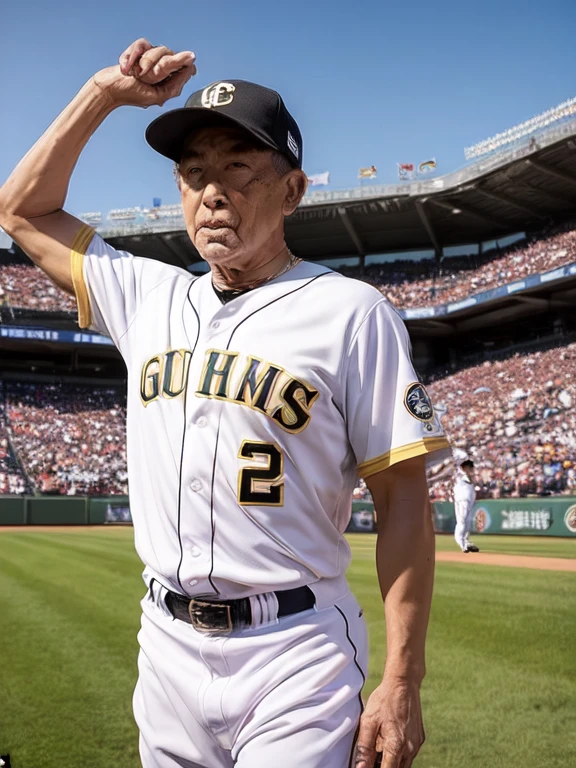 (Ultra-high resolution), (masterpiece), (Attention to detail), (high quality), (最high quality), One Man, Black Hair, Gold Necklace, Baseball hats, muscle, Batter, Home Run, Powerful swing, bat, Baseball Uniforms, Stadium, audience, blue sky, sunlight, triumphant moment