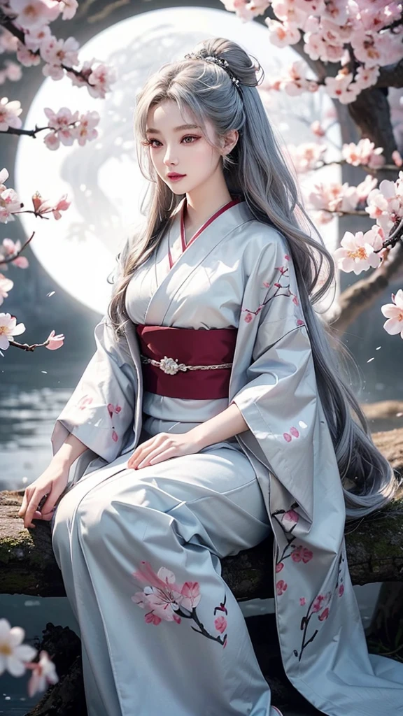 “Create a highly detailed and realistic depiction of a beautiful, mysterious woman with an ethereal, otherworldly charm, sitting on a branch of a cherry blossom tree in full bloom, with a full moon in the background. The woman should have translucent, porcelain-white skin, long eyelashes, pale red eyes, and long, flowing silver hair. She should be wearing an elegant kimono with an intricate, game character-like design, featuring red and white as the base colors. The kimono should have elaborate patterns and details that enhance her otherworldly beauty. The scene should evoke a sense of mystery and enchantment, with soft moonlight illuminating her and the delicate cherry blossoms around her. The overall aesthetic should be dark fantasy, with high contrast and intricate details.”

Additional Settings:

	•	Style: Dark Fantasy, Realistic
	•	Lighting: Soft, Moonlit
	•	Details: High, Intricate textures
	•	Mood: Enchanting, Mysterious, Otherworldly
	•	Composition: Full-body, showing the woman sitting on the cherry blossom tree branch
	•	Woman’s Features:
	•	Skin: Translucent, porcelain-white
	•	Eyes: Pale red
	•	Hair: Long, flowing silver
	•	Eyelashes: Long
	•	Attire: Elegant kimono with an intricate, game character-like design
	•	Kimono Colors: Red and white
	•	Background: Full moon, cherry blossom tree in full bloom, soft moonlight